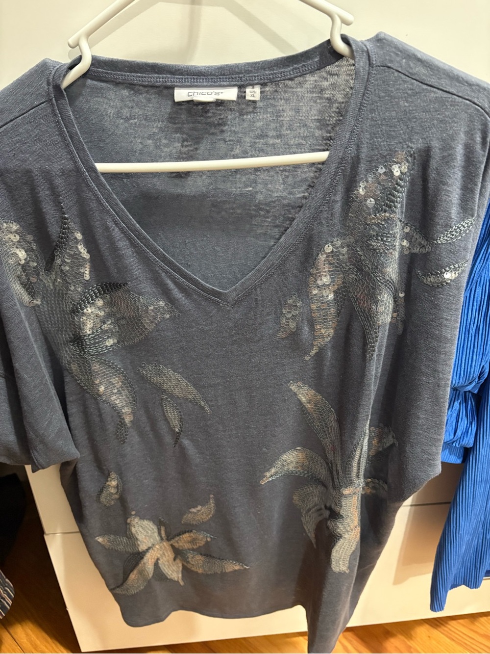 Chico's Slate Blue Floral Sequin V-Neck Tee